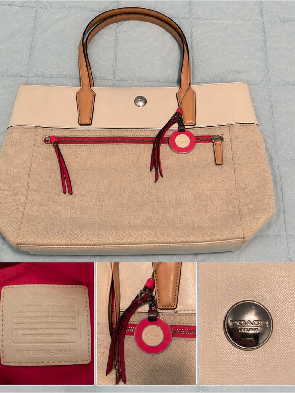COACH Beige Canvas Tote with Tan Leather Handles and Pink Accents